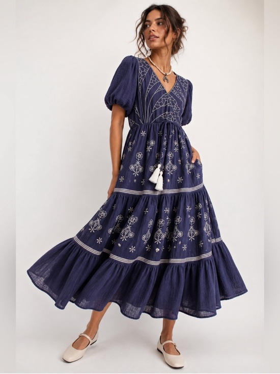 Easel Los Angeles Dresses & Skirts - Easel Navy Embroidered Puff-Sleeve Maxi Dress with Tassel Tie